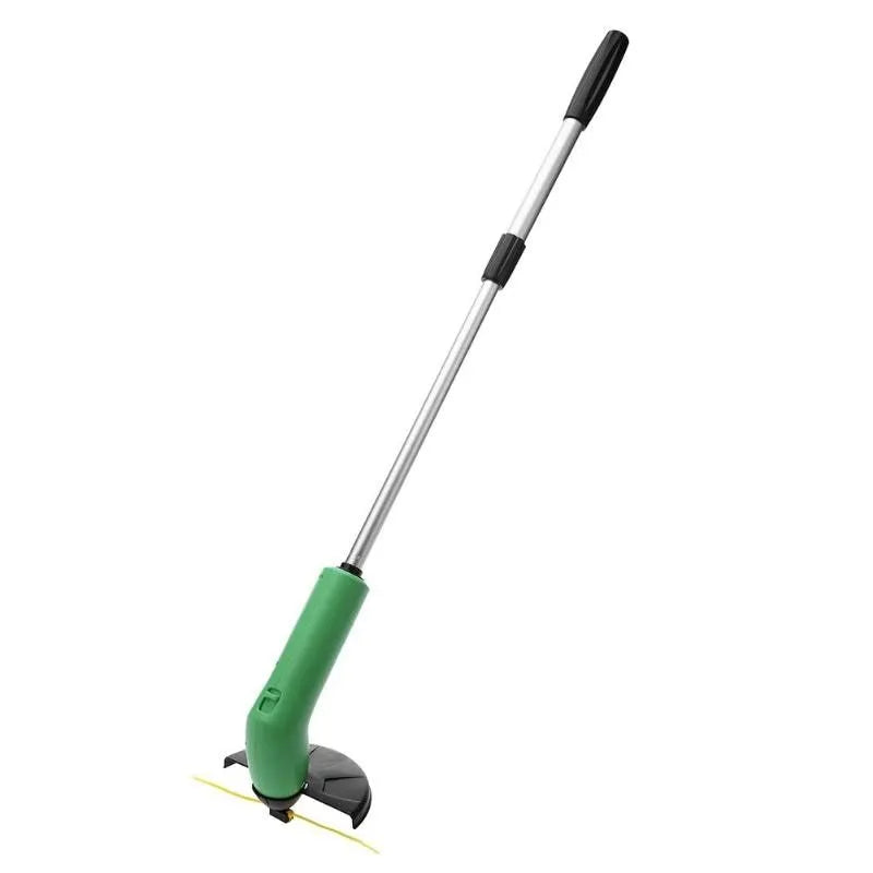Cordless electric lawn trimmer with extension pole and black debris shield on a green lawn.