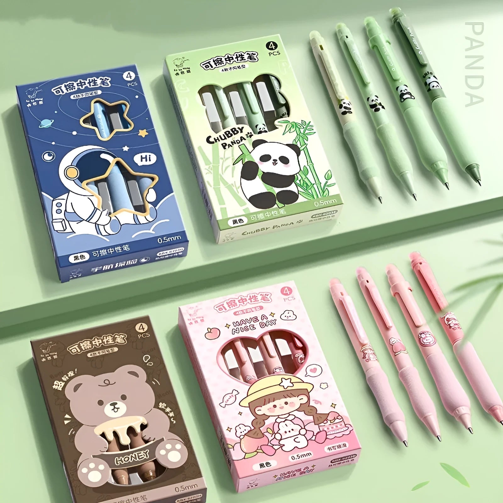 Cartoon-themed erasable gel pen with 0.5mm tip and friction eraser in various designs