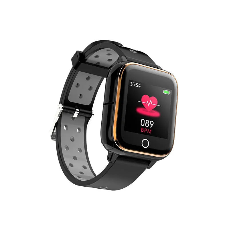 Black smart watch with integrated Bluetooth earbuds stored in watch case showing 1.4-inch display