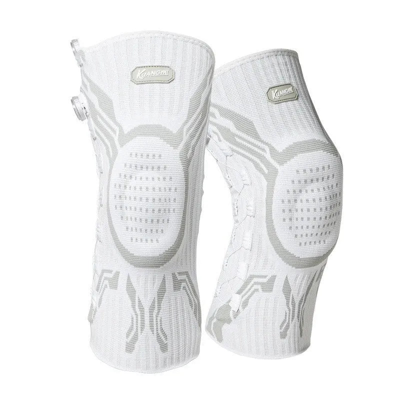 Grey and white sports knee pad with adjustable strap and silicone anti-slip strip for basketball and running.