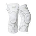 Grey and white sports knee pad with adjustable strap and silicone anti-slip strip for basketball and running.
