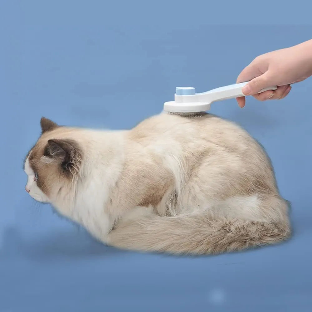 Blue self-cleaning cat grooming brush with rubber handle and round-tip needles.