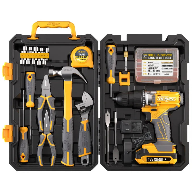 Grey-yellow case open to show 82-piece chrome-vanadium steel tool set for home repair.