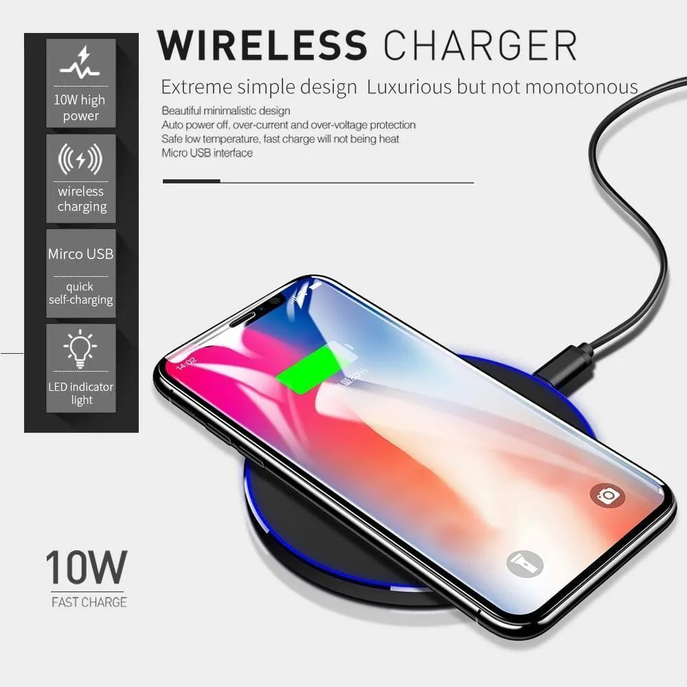 Black ultra-thin 9V QI wireless fast charger with USB cable on a desk.
