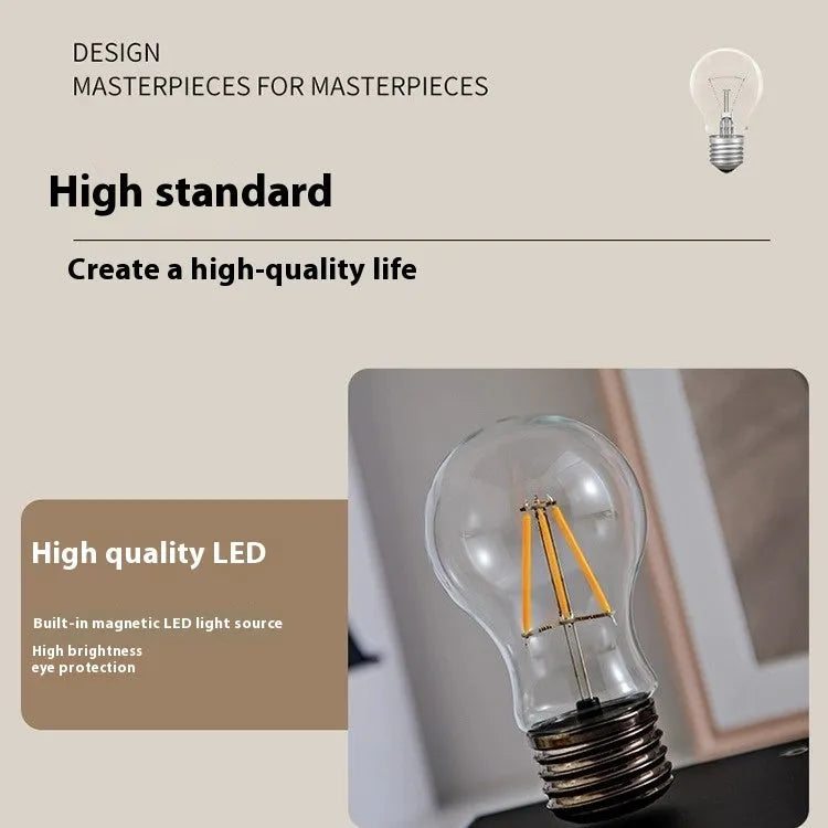 Creative suspension bulb small night lamp with iron art construction on wood grain base