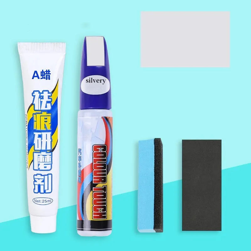 Automotive paint repair pen and scratch removal fluid 4-piece set for car touch-ups.