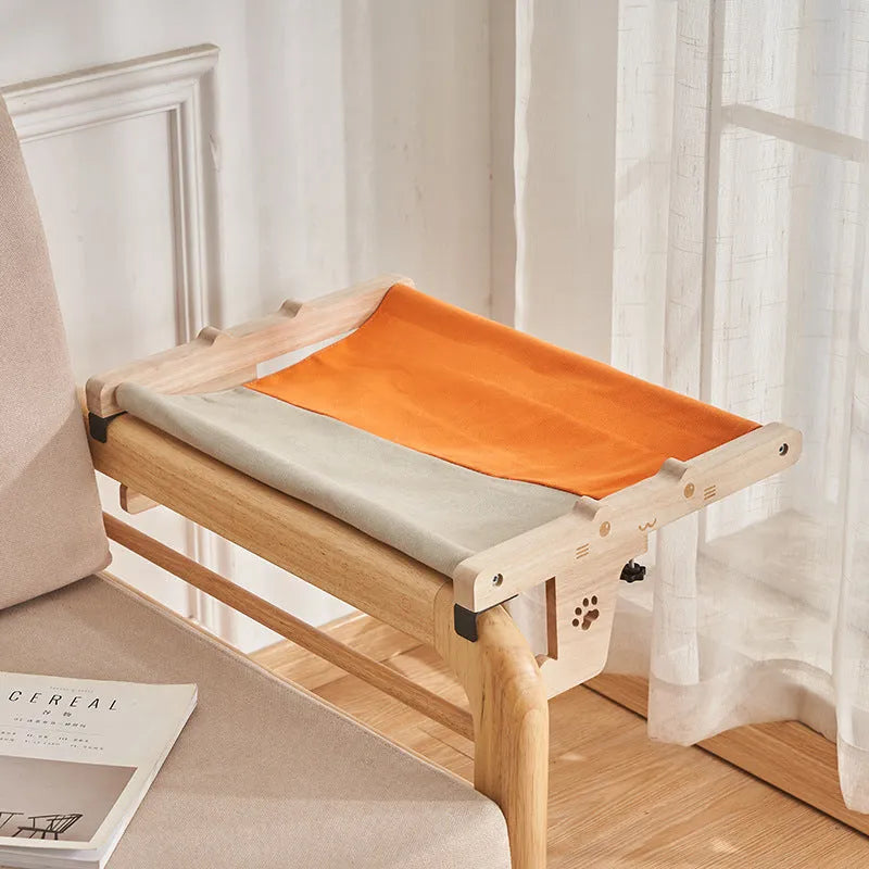 Wooden cat hanging bed hammock mounted on a balcony railing, one of seven available style variations.