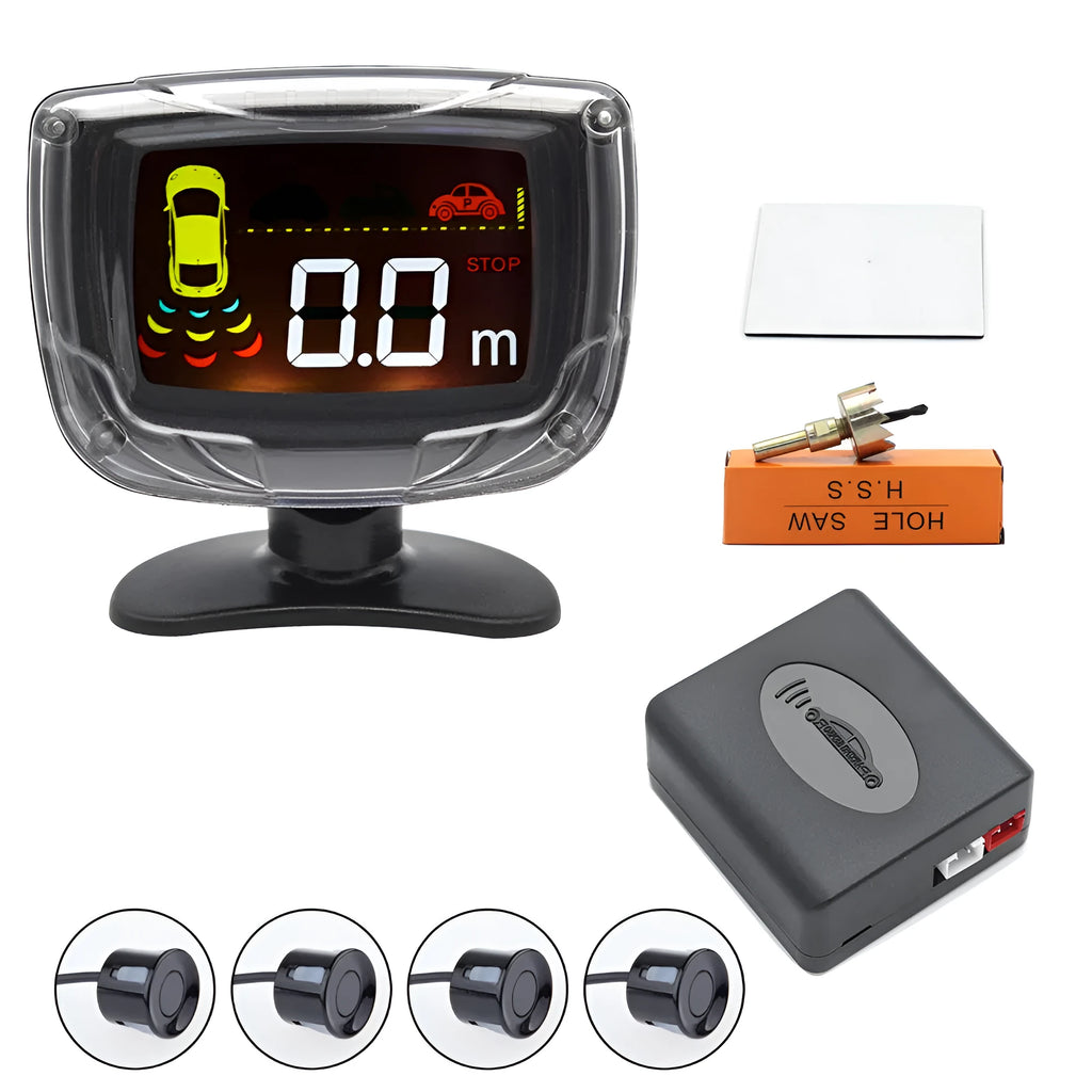 Black wireless reversing sensor system for cars with main unit, four probes, and a digital LED display.