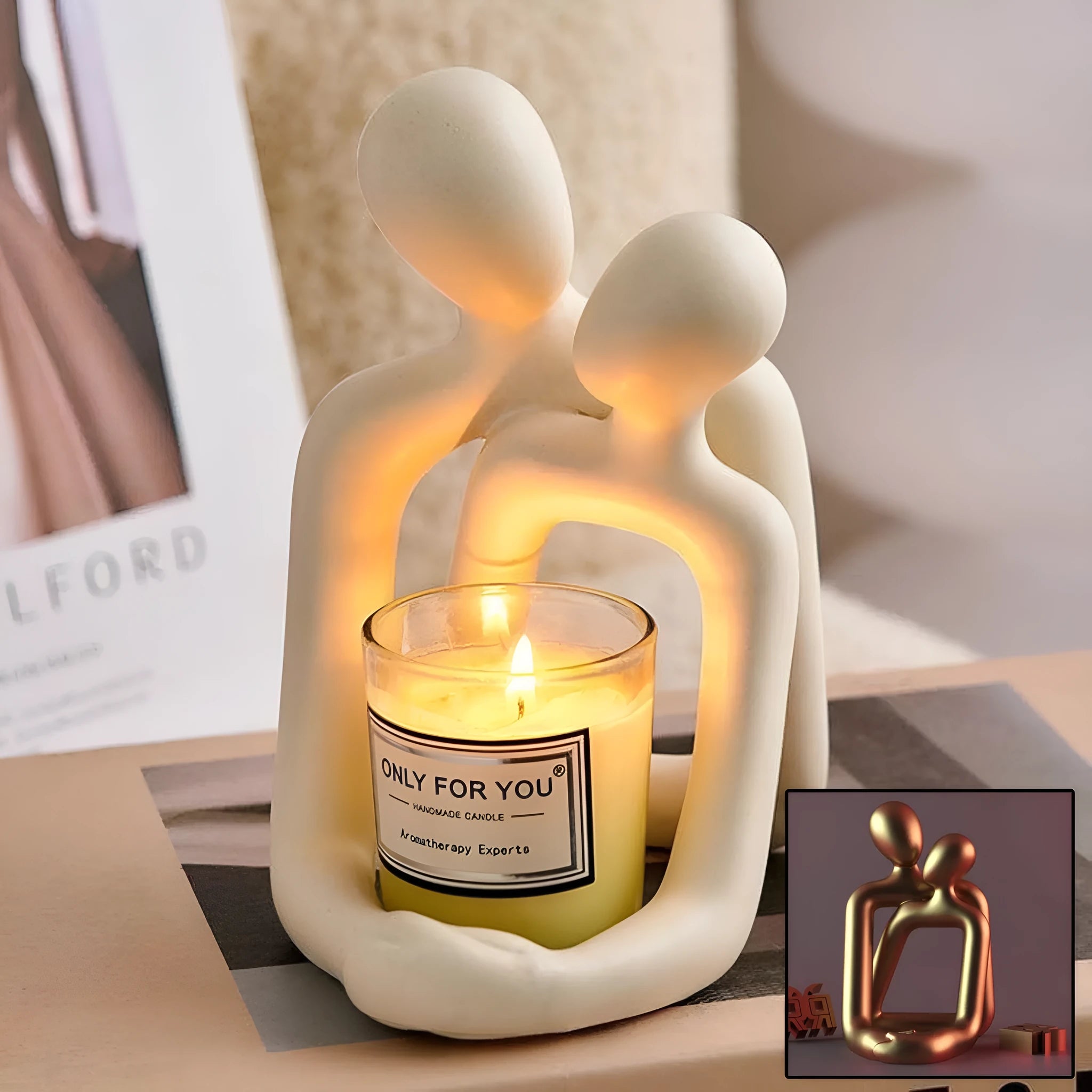 Modern milky white loving couple resin statue displayed on a wooden desk
