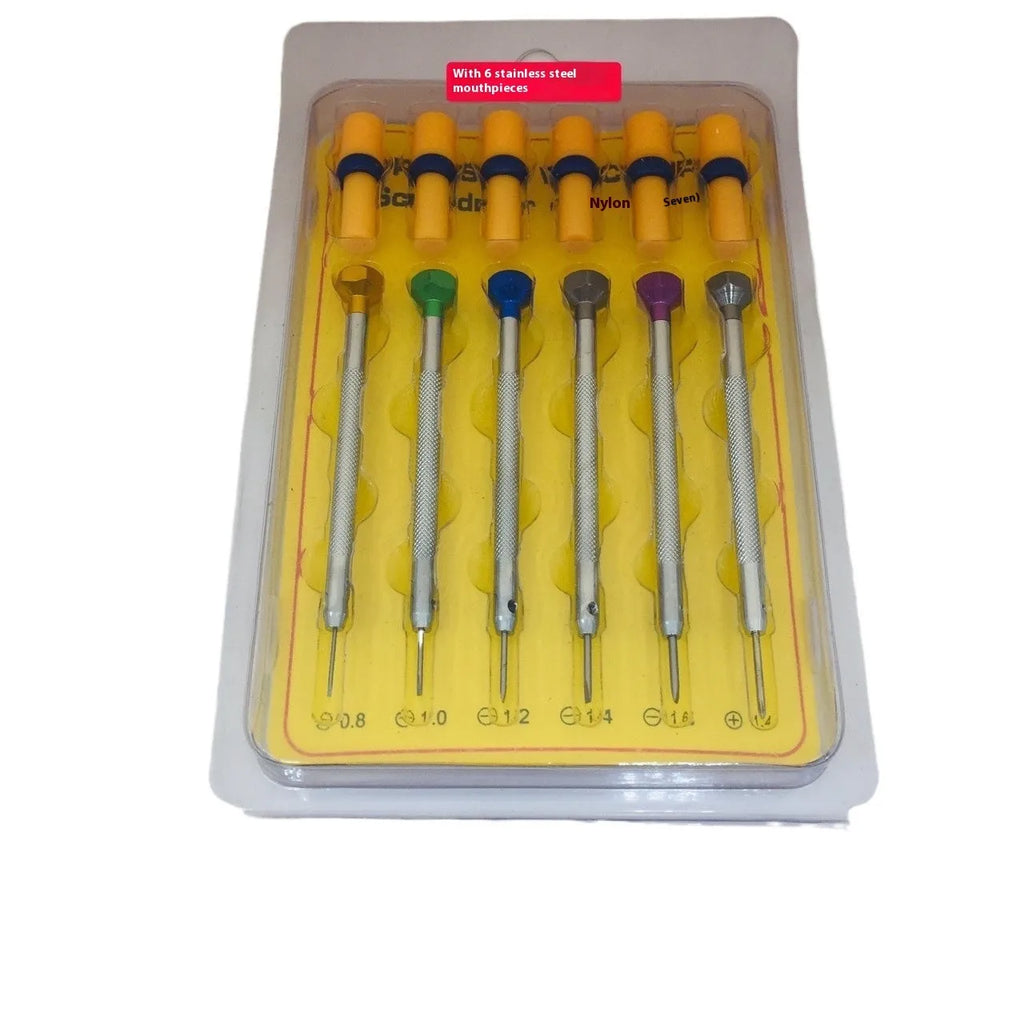 Six colour-coded watch repair screwdrivers with aluminium handles and magnetic steel tips on a grey background.