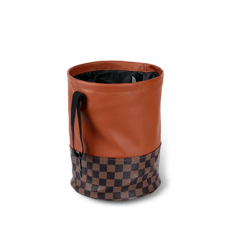 Black retractable leather car rubbish bin showing collapsed and expanded positions