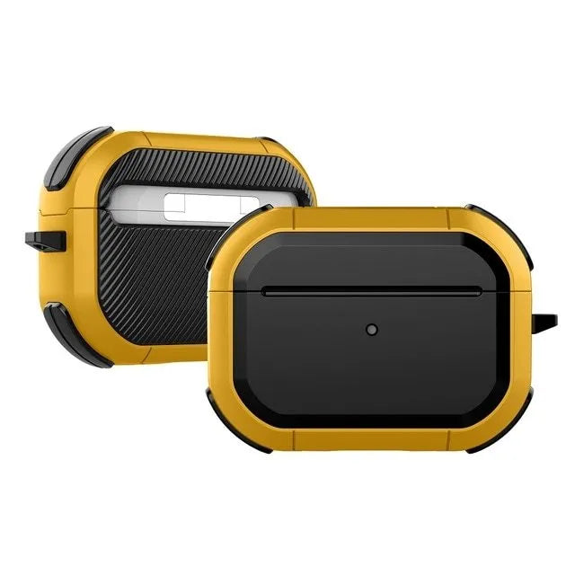 Black TPU and PC protective shell case fitted on a white Apple AirPods Pro charging case.