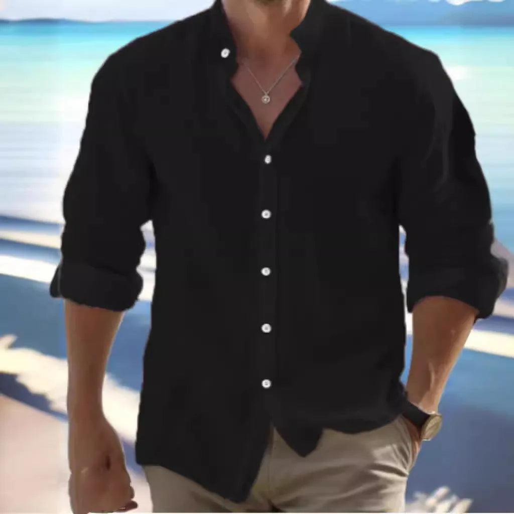 Men's light grey long-staple cotton casual pullover shirt on a hanger.