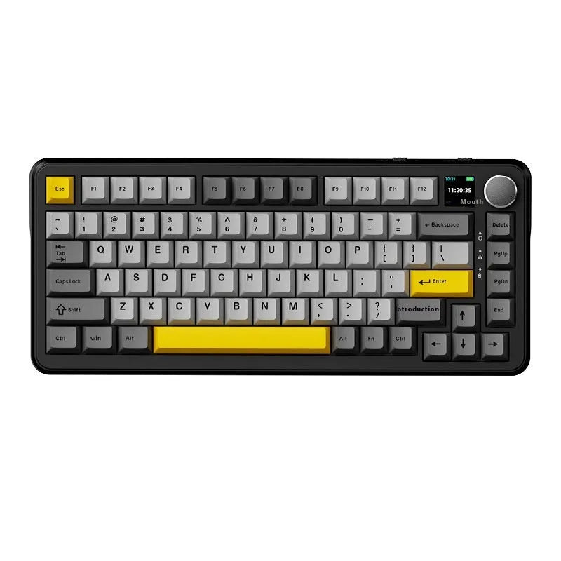 Black, grey and yellow 75% mechanical keyboard with wireless and hot-swappable features