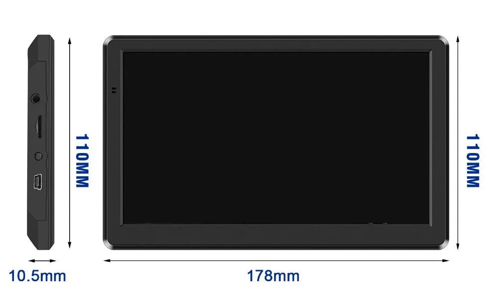 7 inch portable car GPS navigation device with HD touch screen on a dashboard bracket.