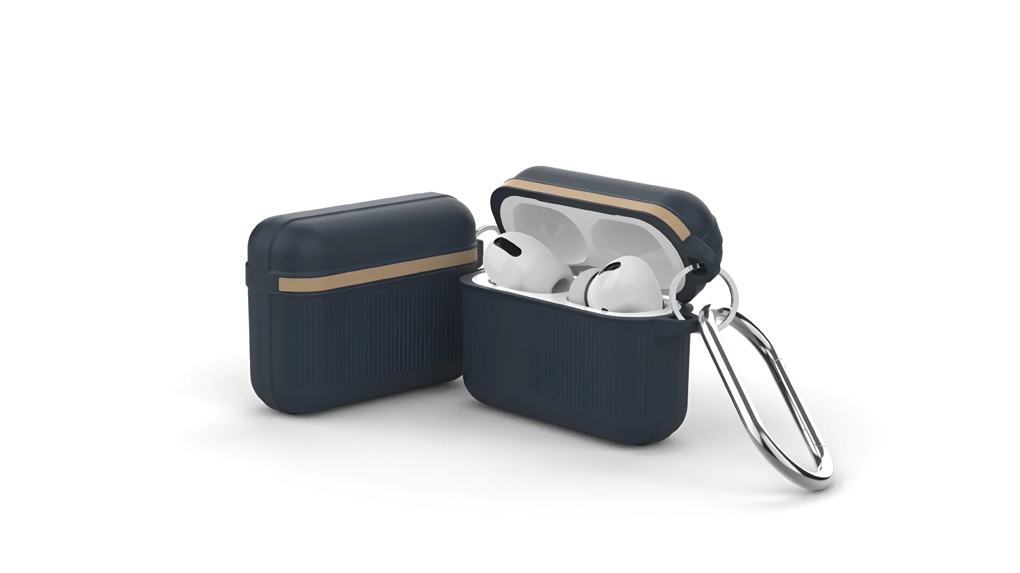 Beige silicone protective case with metal buckle for Apple AirPods charging case.