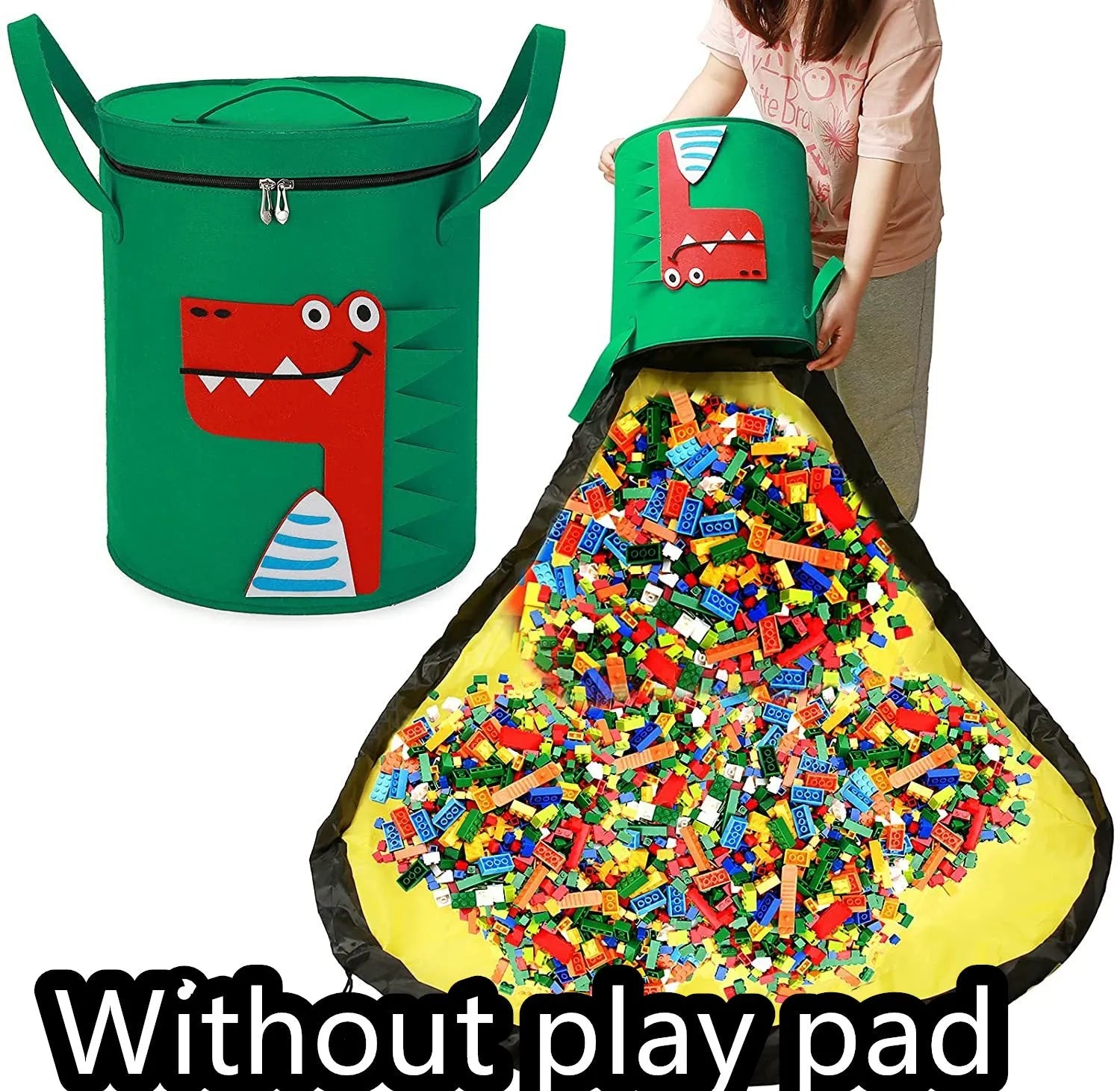 Green felt cube storage bag with pull rope laid flat as play mat for toy organisation