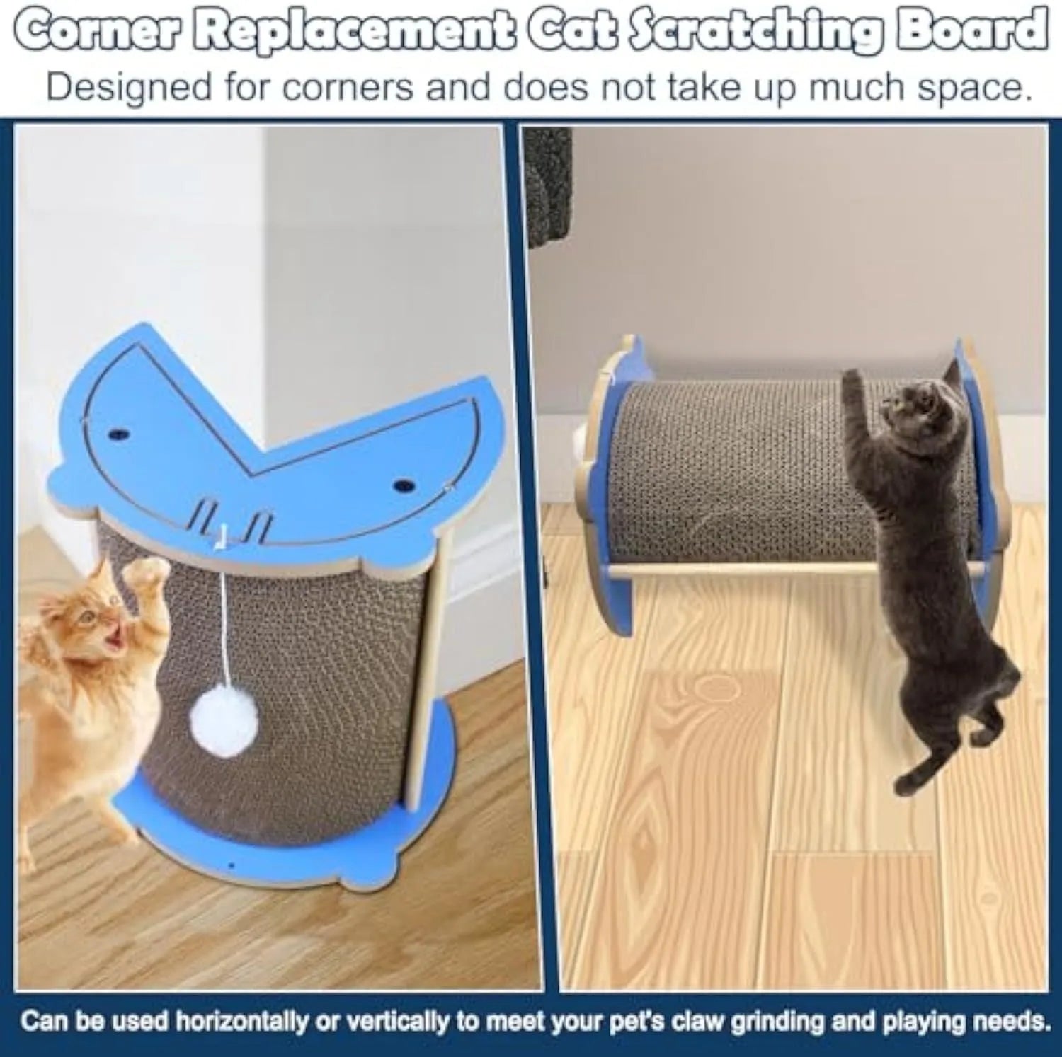 Corner cat scratching pad with hanging ball on cardboard surface