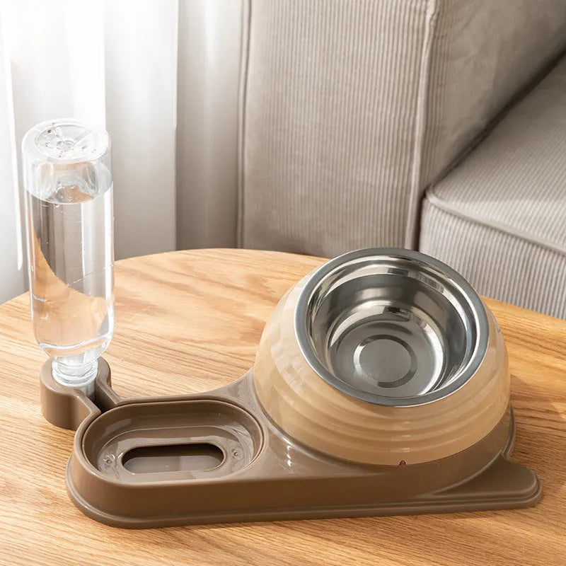 Raised cat food bowl with automatic water dispenser in brown colour