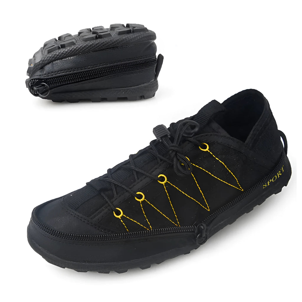 Portable folding outdoor hiking shoes with side zip closure in orange, black, and grey colours