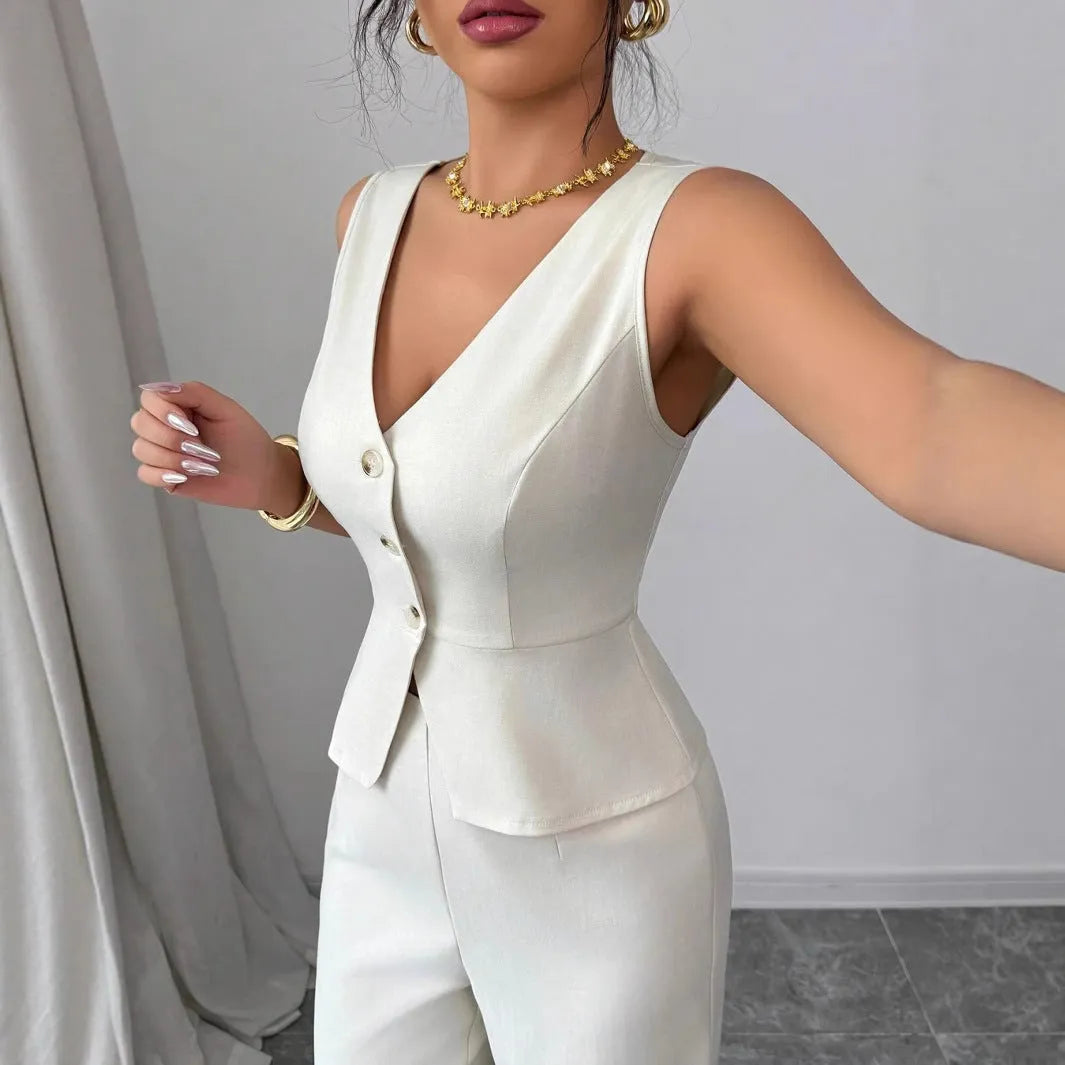 Japanese Korean style women's two-piece set with sleeveless vest and high waist trousers in solid colours