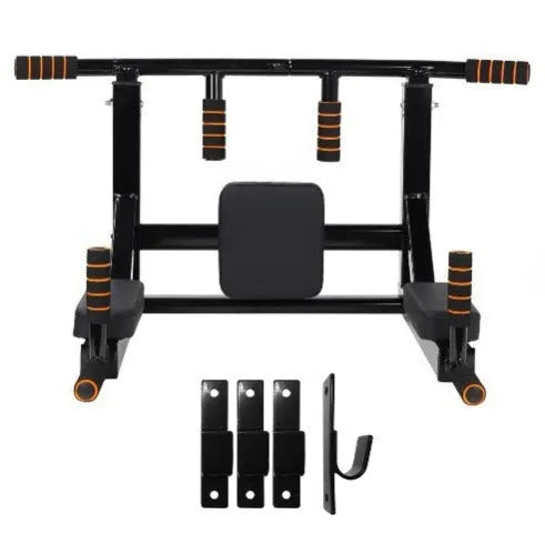 Black wall-mounted fitness equipment with sandbag rack and parallel bars for pull-up training