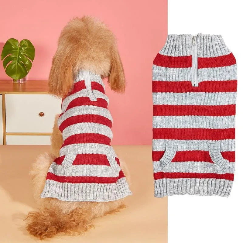 Grey dog sweater with a horizontal zipper and button pocket on a small dog.