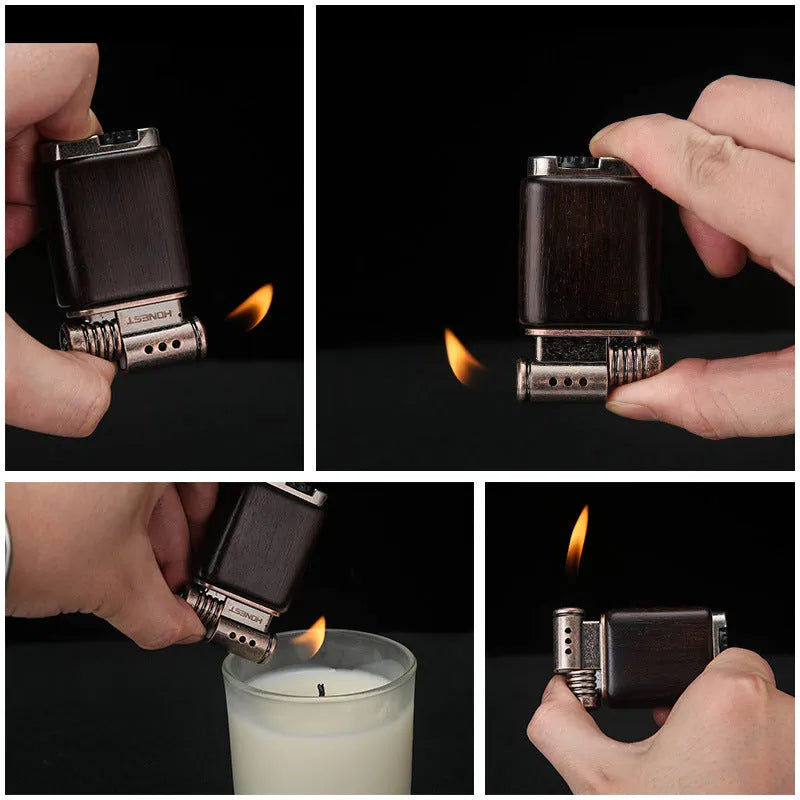 Ebony gas lighter in black wood and rosewood decorative designs for collection