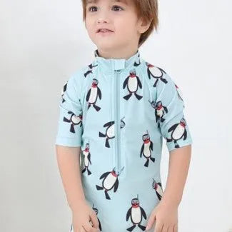 Boys' penguin print long sleeve one-piece swimsuit with matching swimming cap set