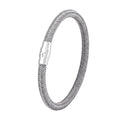 Titanium steel geometric wire bracelet with magnet clasp shown in unisex boyfriend style