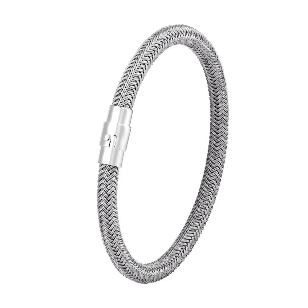 Titanium steel geometric wire bracelet with magnet clasp shown in unisex boyfriend style