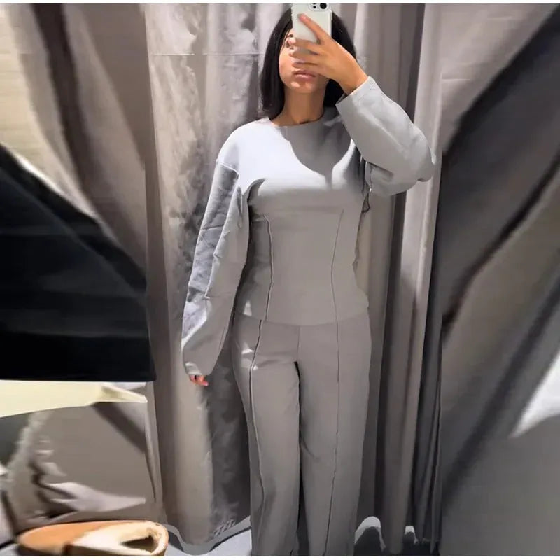 Women's polyester polar fleece suit set with pleated top and wide leg trousers in multiple colour options