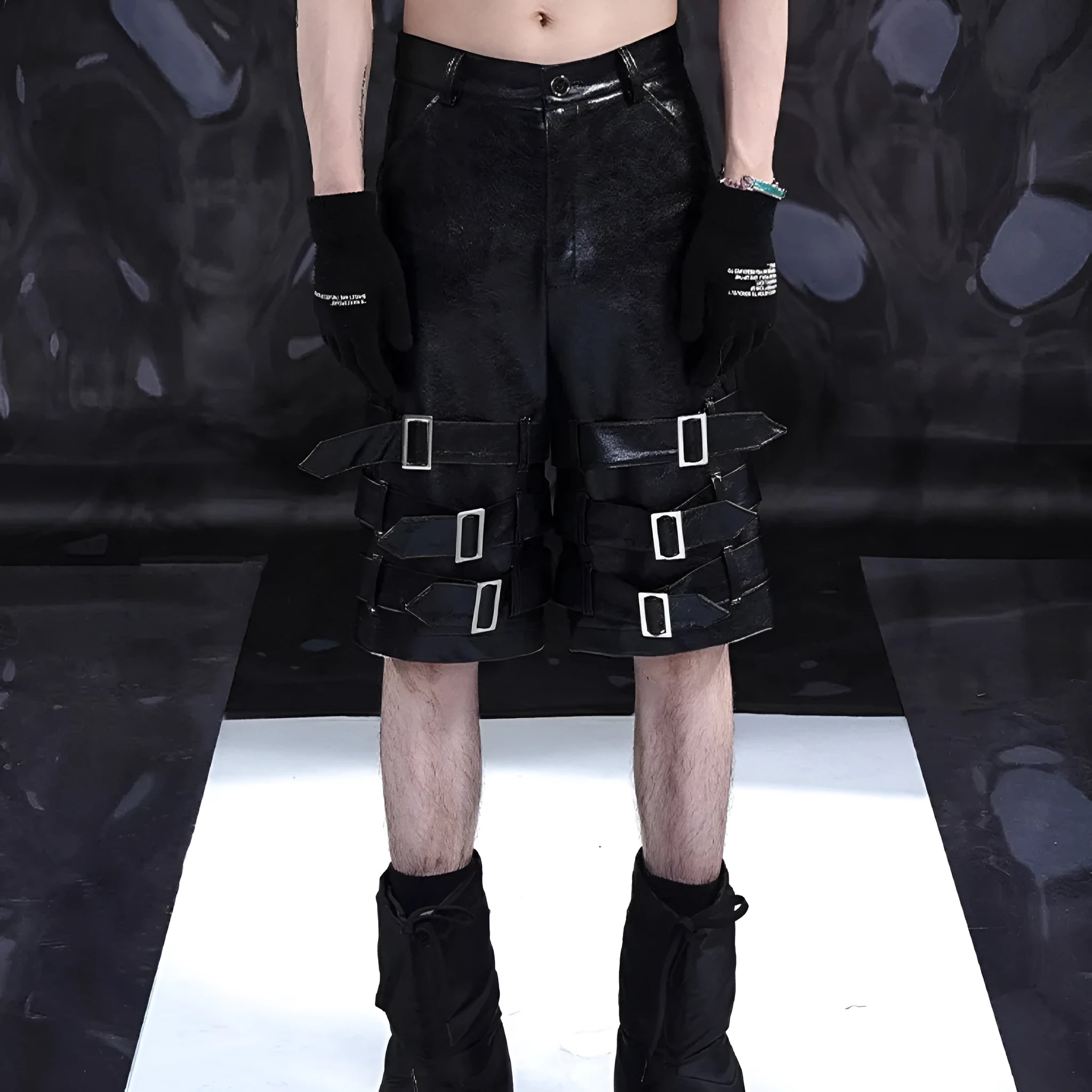 Men's black PU leather cropped shorts with medium-low waist design on hanger