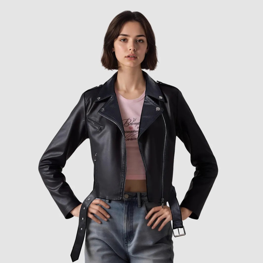 Women's black PU leather motorcycle jacket with lapel short belt, regular sleeves