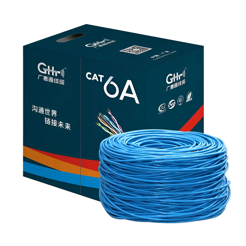 A blue 305 metre reel of Cat 6/6A gigabit Ethernet cable with oxygen-free copper core.