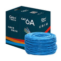 A blue 305 metre reel of Cat 6/6A gigabit Ethernet cable with oxygen-free copper core.
