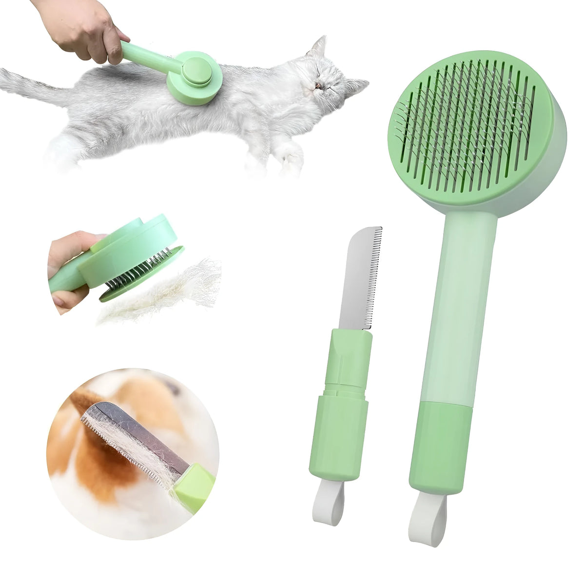 Green and yellow 2-in-1 pet grooming brush with stainless steel teeth and hanging loop