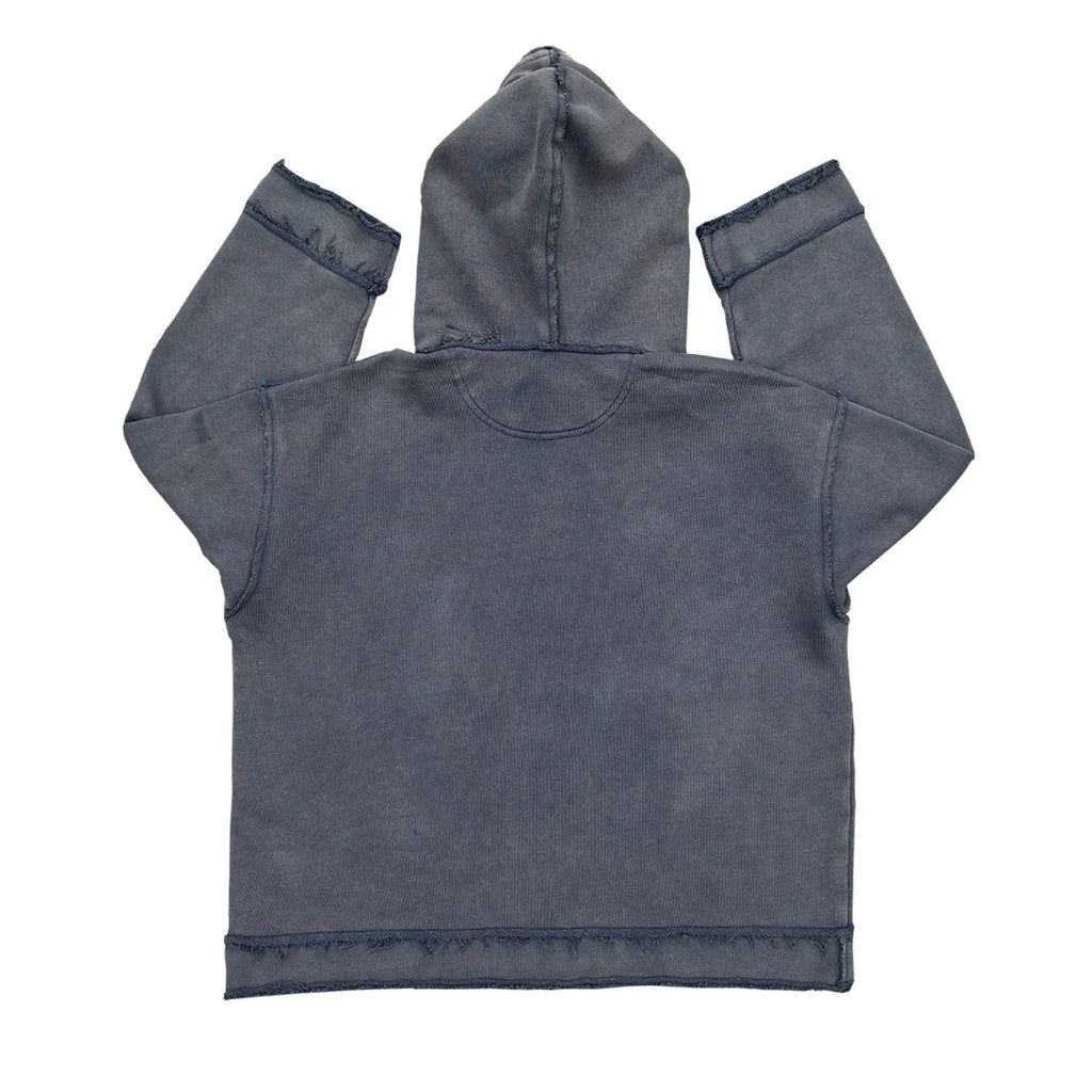 Dark blue back-to-front hoodie sweater on a model