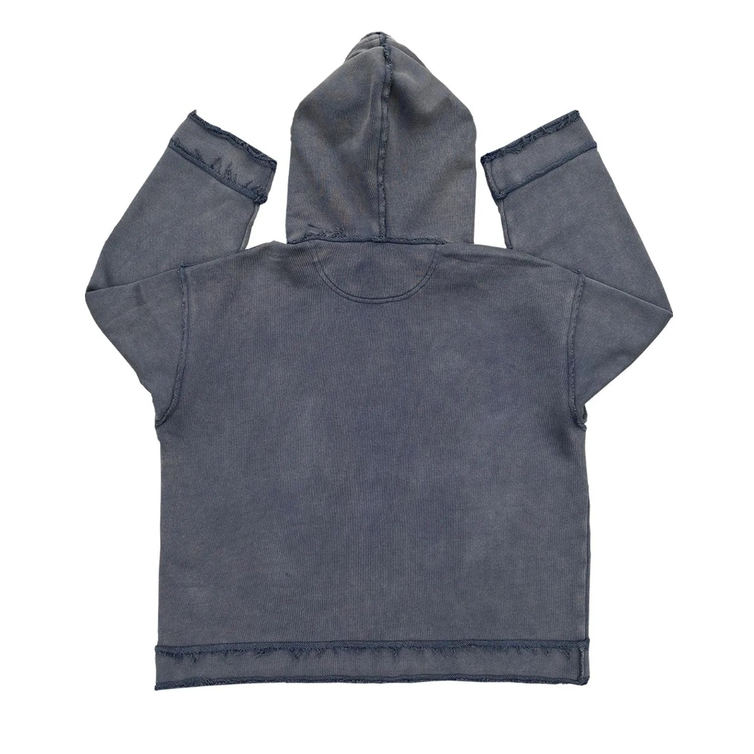 Dark blue back-to-front hoodie sweater on a model