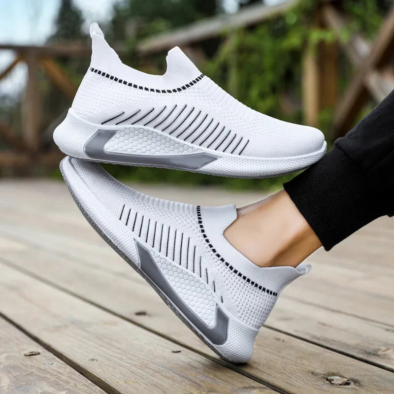 Men's mesh sock shoes with striped design, Flyknit upper, and lace-up front in black colour