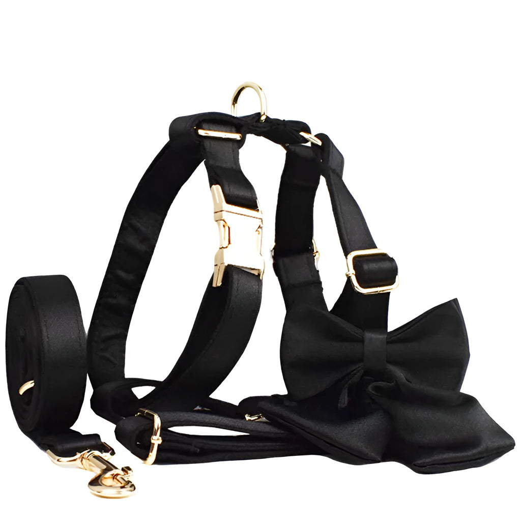 Dog collar and leash set with chest harness, coordinating vest and bow accessory in cloth material