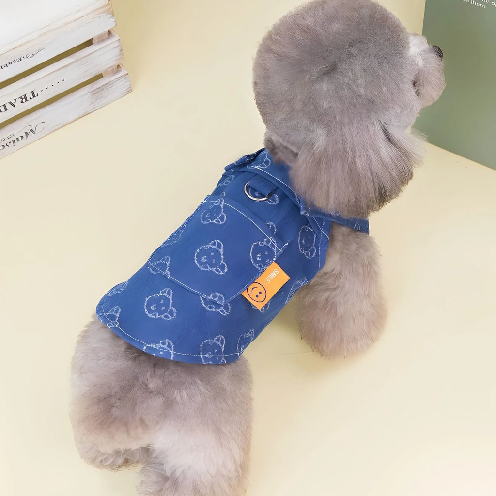 A small dog wearing a light blue denim princess dress with a bracket-style skirt.