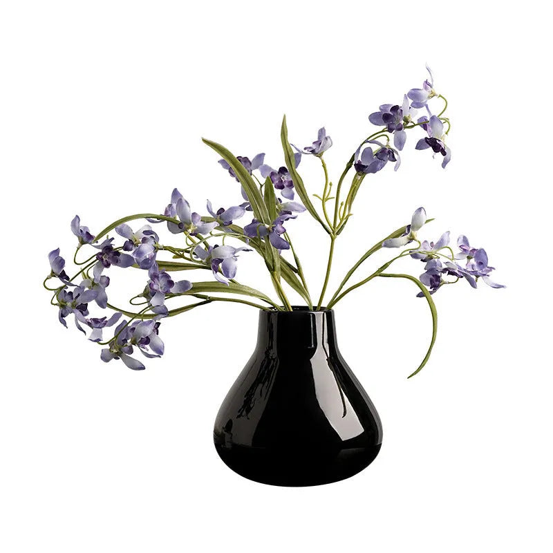 Ceramic round belly French decorative vase with artificial orchid flowers in black or white colour options
