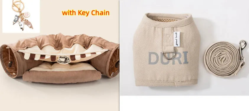 Collapsible cloth cat tunnel in choice of bar, coffee, matcha, or pink colours, shown folded and unfolded