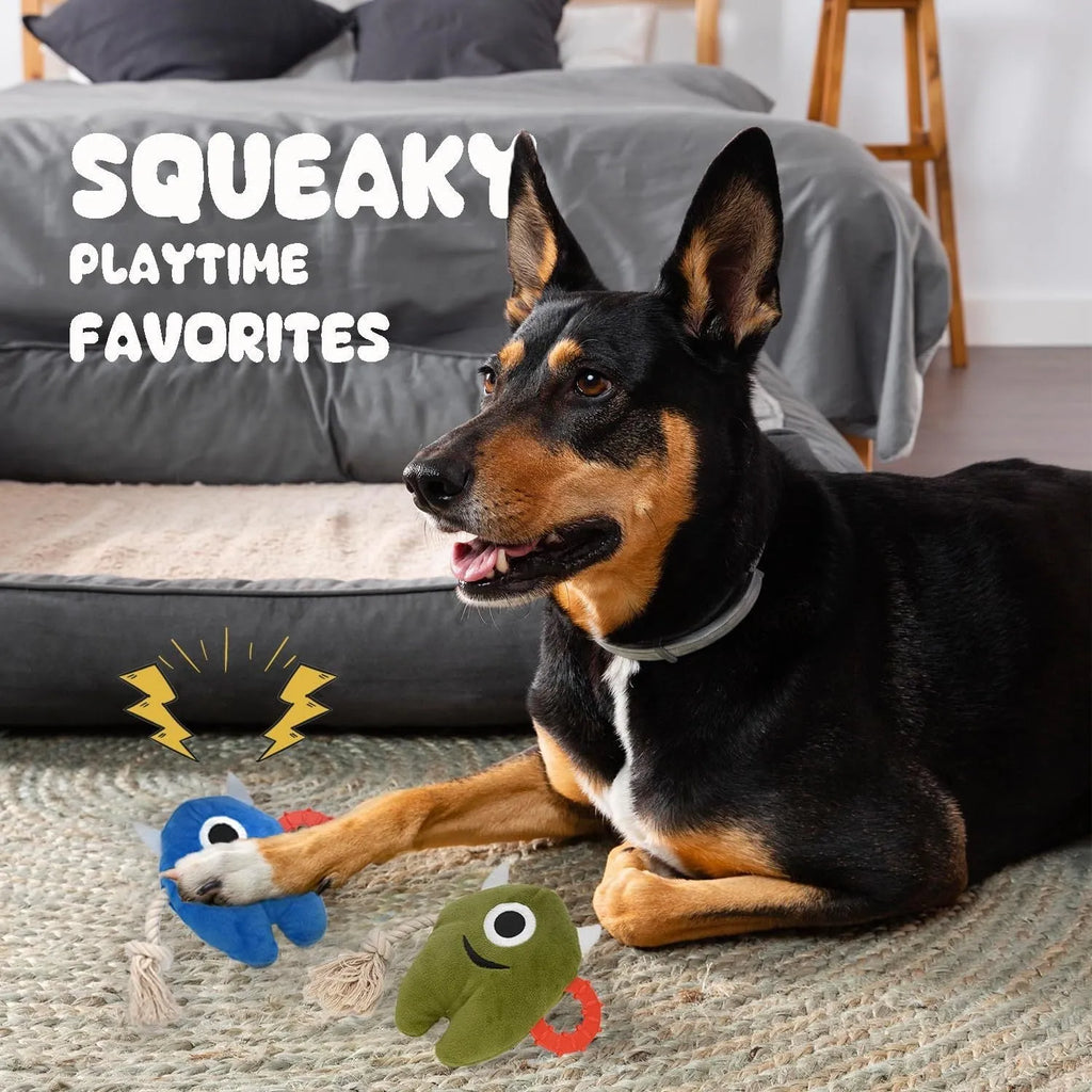 Blue and green plush dog toy with integrated cotton rope sections and a squeaker inside