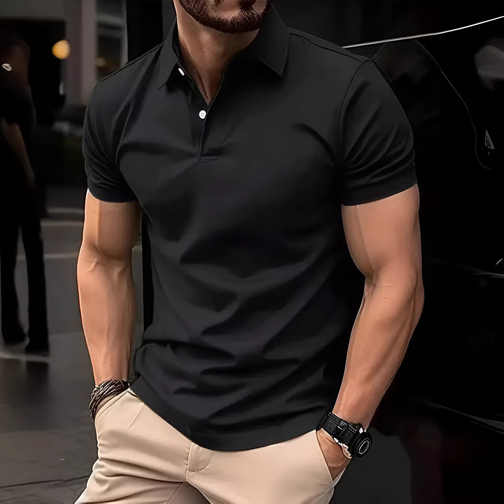 Men's slim fit solid colour cotton blend short sleeve button down shirt