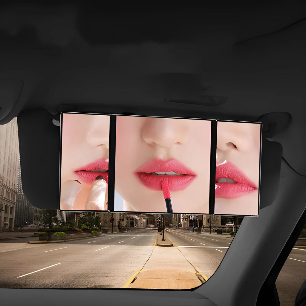 Silver car folding makeup mirror shown both closed at 15.5cm and open at 30.5cm width