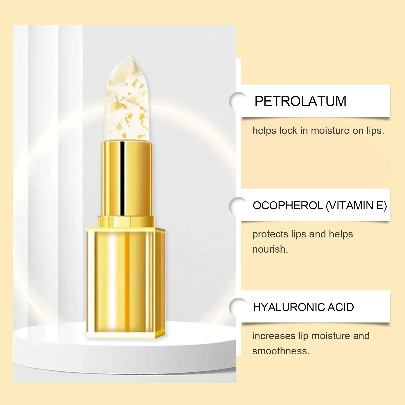 Gold foil lipstick tube with 3.5g nourishing formula containing hyaluronic acid and vitamin E