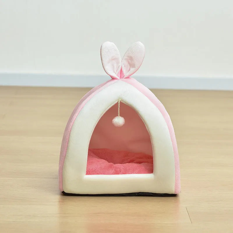 Rabbit ear Mongolian nest pet bed in Arctic velvet with PP cotton, shown in Grey and Pink, sizes S to XL