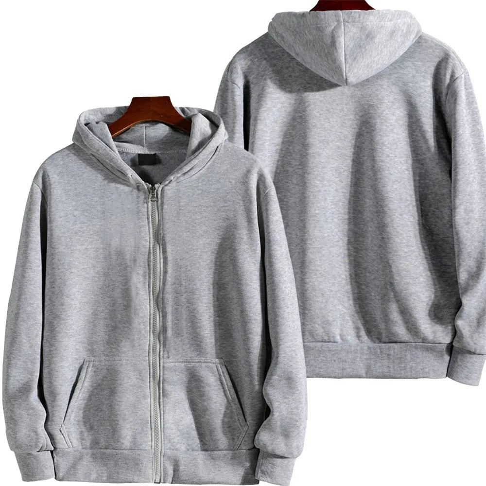 Men's loose fit zip-front sports jacket in a solid colour, shown on a hanger.